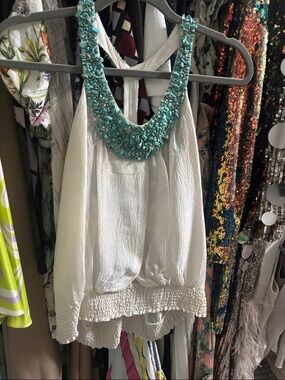 Y2K Bebe vintage Embellished Scoop Neck White Tank Top with Turquoise bead sz S